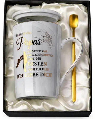 Immagine prodotto di Tazza da caffè "Papa Marmor" grigia, capacità 400 ml, con coperchio, cucchiaino, biglietto e confezione regalo