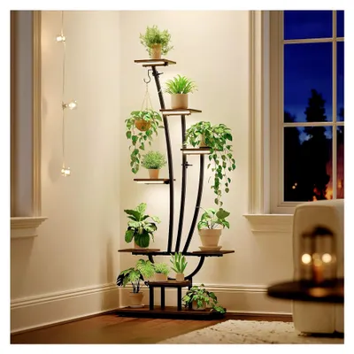 Produktbild von Pflanzenständer mit Wachstumslicht, 7-stufiges Regal aus Metall und Holz für Innenräume, Wohnzimmer, Balkon oder Garten