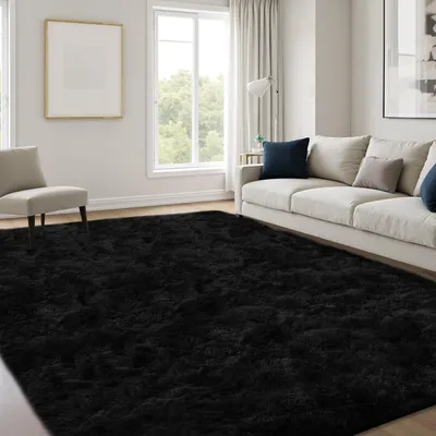 Productafbeelding van Hoogpolig tapijt 140x200 cm, zwart, antislip, wasbaar, voor woonkamer