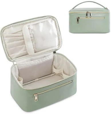 Image de Grande trousse de maquillage verte pour femme, en similicuir, avec compartiment pour pinceaux