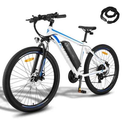 Produktbild von E-Bike Pedelec MTB 27,5 Zoll Rostfreie Aluminiumlegierung bis zu 90 - 110 km Mountainbike mit 21 Gang Wasserdicht IPX4, Weiß und Blau
