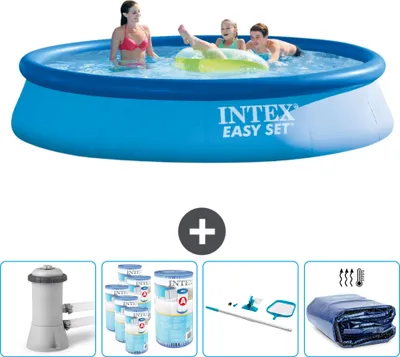 Produktbild von Intex runder aufblasbarer Easy Set-Schwimmpool – 396 x 84 cm – Blau – inklusive Pumpe Filter - Reinigungskit - Sonnensegel