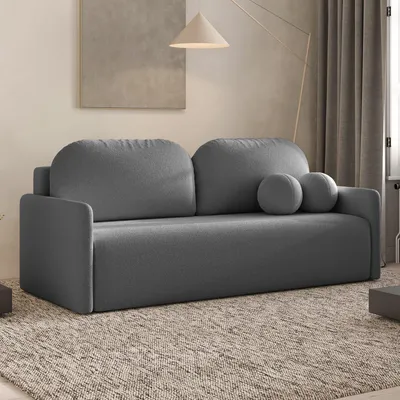 Produktbild von DEKORI Skandinavisches Sofa MALVA – 3-Sitzer Stoffsofa mit runden Kissen - QUELLE 92 (Dunkelgrau)