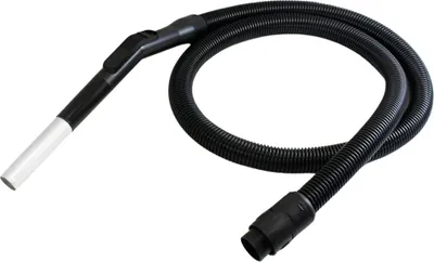 A black vacuum cleaner hose with a white tip and black connectors is shown against a white background.