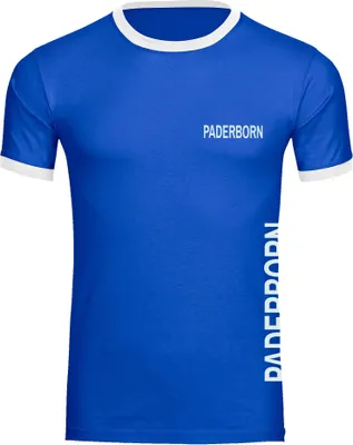 Produktbild von multifanshop Kontrast T-Shirt - Paderborn - Brust & Seite, blau/weiß, Größe L