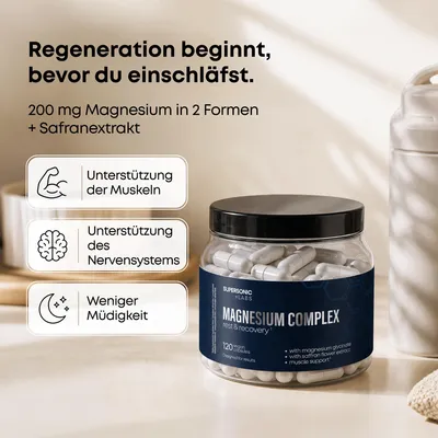 Produktbild von SUPERSONIC +LABS Magnesium Komplex 2.0 120 Kapseln – Bisglycinat & Citrat mit Taurin und Safran, für den Abend