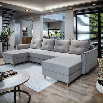 A modern living room with a large sectional sofa.