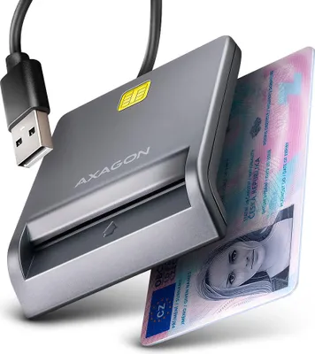 A close-up studio shot of a USB chip card reader with a Czech Republic ID card inserted.