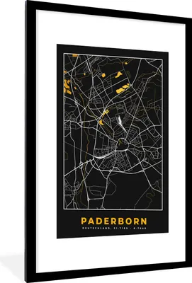 Produktbild von MuchoWow® Gerahmtes Poster Schwarz und Gold - Stadtplan - Paderborn - Deutschland - Karte 60x90 cm - Poster mit Schwarzem Bilderrahmen Wandposter Rahmen Foto Bilder - Dekoration - Wandposter Wohnzimmer - Hochwertig