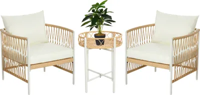 A set of outdoor furniture including two chairs and a table with a plant on it, displayed on a white background.