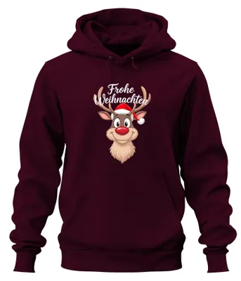Produktbild von Frohe Weihnachten Rentier Rudolf Weihnachtsmütze Lustig Hoodie Kapuzenpullover, Burgundy, L