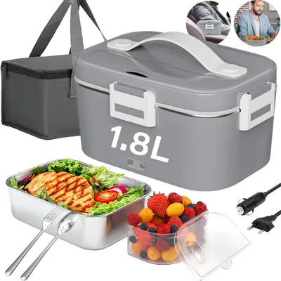 Productafbeelding van Elektrische lunchbox, 1,8 liter, elektrische lunchbox 12V/75W voor auto en kantoor, met mes en vork, lunchtas-set, roestvrijstalen binnenbeker