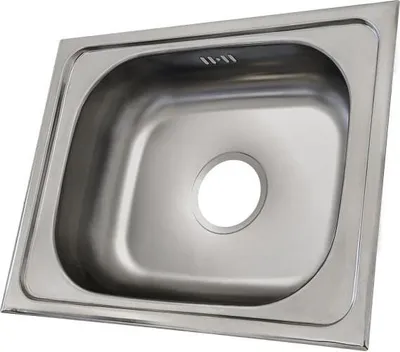 A stainless steel sink with a single basin and a central drain hole.