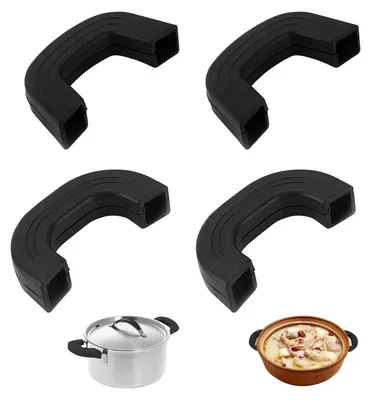 Four black U-shaped silicone pot handle covers are displayed in a grid formation, with two pots shown below them.