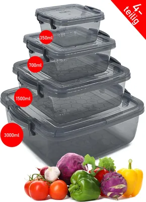 A set of four clear plastic food storage containers stacked on top of each other, with various vegetables in the foreground. Red circles with volume measurements are overlaid on the containers.