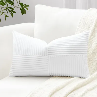 Immagine prodotto di Copertura per cuscino in tessuto corduroy a coste, motivo a righe, 30x50 cm, colore bianco, confezione singola