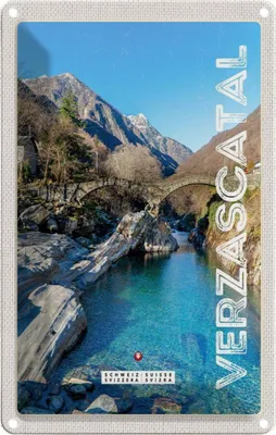 Produktbild von vianmo Blechschild 30x20 cm Verzascatal Brücke Gebirge Fluss Natur Bildmotiv Reisemotiv Abenteuer Reisen Urlaub