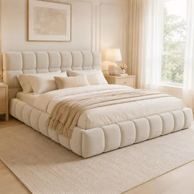 Produktbild von Flieks Polsterbett 140x200cm mit Lattenrost, Jugendbett Doppelbett mit gepolstertem Kopfteil, Kinderbett Holzbett mit Polsterumrandung, Samt, Beige