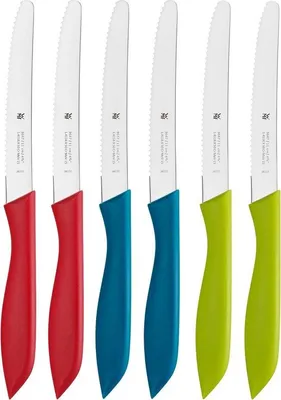 Imagen del producto de Juego de cuchillos para desayuno, de 6 piezas, 23 cm, con filo ondulado, incluye cuchillo para pan, fabricado en acero inoxidable, con mango de plástico