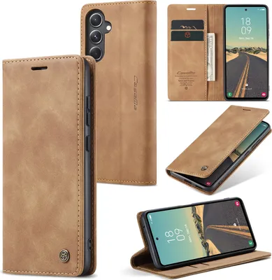 A collage of images showing a brown flip phone case for a Samsung Galaxy S24 FE 5G.