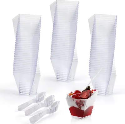 Produktbild von BELLE VOUS 100er Pack Kleine Dessertgläser & Löffel - 60 ml Durchsichtige Wiederverwendbare Schalen aus Kunststoff für Vorspeisen - Für Mousse,