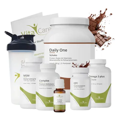 Produktbild von VitaCare 21-Tage Stoffwechsel-Kur Paket Schoko, 8-teiliges Komplettpaket mit Proteinshake, MSM, Multivitamin, Omega 3 plus, OPC & Globuli