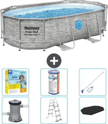 Produktbild von Bestway Oval Power Steel Swim Vista Swimmingpool – Steindruck – 427 x 250 x 100 – inklusive Pumpe – Leiter – Abdeckung Wartungspaket - Filter - Reinigungskit