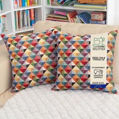 Produktbild von Selfitex 2er Set Bunte Couchkissen 50x50 cm, Sofakissen mit Füllung und Bezug, kuschelweiches Lesekissen, dekoratives Fernsehkissen, Deko- und Kopfkissen, Rückenkissen, Muster: Pyramid