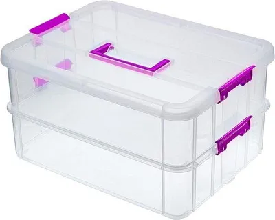 Zdjęcie produktu dla Pudełko do przechowywania z 2 poziomami - Regulowane plastikowe pojemniki do przechowywania - Uchwyt do przenoszenia - Przezroczyste - Organizer na zabawki artystyczne i rzemieślnicze - Akcesoria do szycia - Fioletowe przezroczyste pudełko