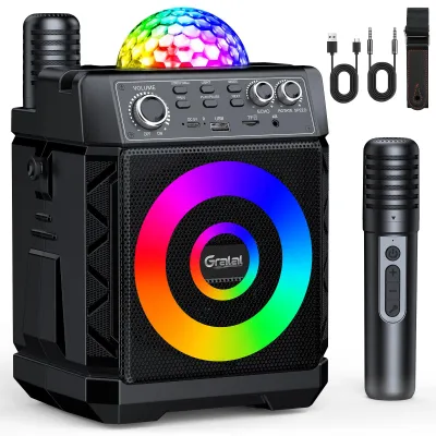 Productafbeelding van Karaokeset Met Discokogel - 20W Geluid - Draadloze Microfoons - Bluetooth En Aux