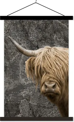 Produktbild von MuchoWow® Textilposter Schottische Hochlandrind - Kühe - Weltkarte 120x180 cm mit schwarzem Rahmen - Fotos