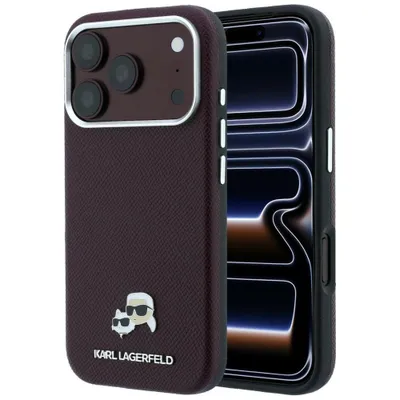 Immagine prodotto di Custodia per iPhone 18 Pro Max / 17 Pro Max, Karl Lagerfeld, motivo "Choupette" in metallo con finitura texturizzata e compatibile con MagSafe, colore bordeaux