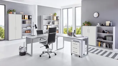 Produktbild von Büromöbel-Set TABOR PRO 7 in lichtgrau / weiß matt, Arbeitszimmer Komplett-Set