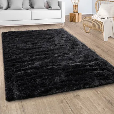 Produktbild von Hochflor Teppich Wohnzimmer Fellteppich Kunstfell Flauschig Rutschfest Schwarz Grösse 120x170 cm