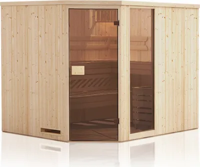 Produktbild von Elementsauna Tirari 68 mm mit 1 Sichtfenster und Dachkranz - Außenmaße (B x T x H): 244 x 194 x 199 cm