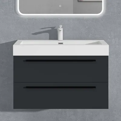 Image de doporro Meuble de Salle de Bains Gris Noir Mat Ensemble de 2 Pièces Meuble Suspendu avec Lavabo 90 cm Design Quadratto
