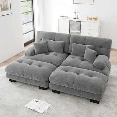Produktbild von MODFU Zweisitzer Polstersofa mit mit 2 Lendenkissen und 2 Dekokissen,Loungesofa Chenille,mit 2 Ottoman,Modulares Sofa,Grau