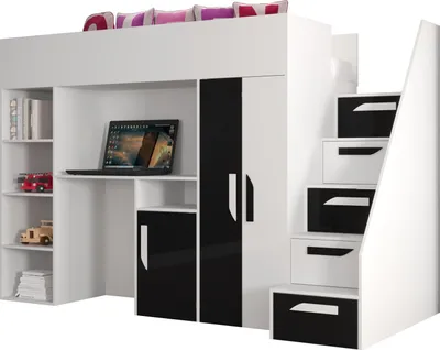 Produktbild von Etagenbett für Kinder Party 14 Stockbett mit Treppe und Bettkasten (Weiß + Schwarz Glanz)