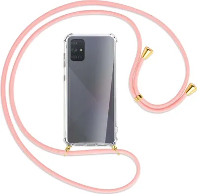 Produktbild von Handykette Backcover-Schutzhülle mit Band (Metall goldfarben) für Samsung Galaxy A71 (A715) - rosa