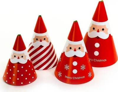 Four cone-shaped Christmas decorations designed to look like Santa Claus, arranged on a white background.