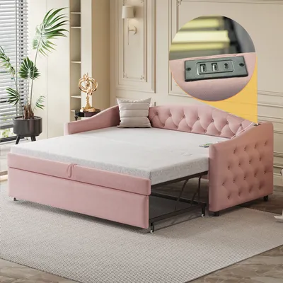 Produktbild von MODFU Ausziehbares Schlafsofa 90x200cm/180x200cm mit USB-Anschlus, Polsterbett Daybett Kinderbett Jugendbett,Rosa(Ohne Matratze)