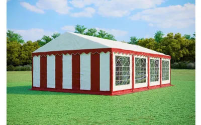 Obrázek produktu pro Párty stan 5x8 m PREMIUM – PVC 500 g/m² s protipožární úpravou, spodní rám + střešní výztuhy, až 80 osob - Červeno-bílá
