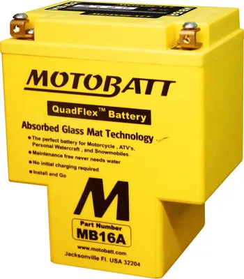 A yellow Motobatt QuadFlex battery with black text and markings.