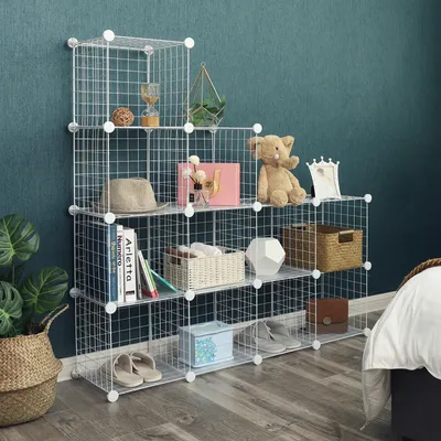 Produktbild von SONGMICS Steckregal mit 12 Fächern weiß aus Drahtgitter 93 x 31 x 123 cm Regalsystem Standschrank mit gratis Gummihammer LPI34W