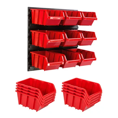 Produktbild von Lagersystem Wandregal 386 x 390 mm | 9 stck. Box | Stapelboxen Schüttenregal Sichtlagerkästen | Extra Starke Wandplatten | Regal Erweiterbar | Werkstattregal Lagerregal Werkstattwandregal Steckregal
