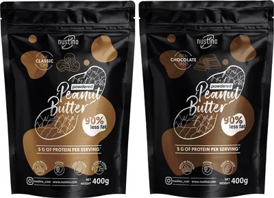Produktbild von Nustino - Erdnussbutter Pulver Set Classic, Schokolade 2x400g - 90% Weniger Fett - Proteinreich - Fettarm - Ohne Palmöl - Ideal für Shakes, Backen