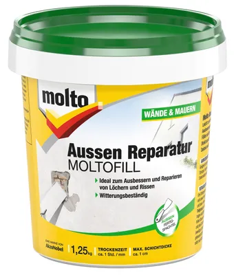Produktbild von Molto Aussen Reparatur Moltofill, Weiß, Fertig gemischt, 1,25 kg, Paste (Substanz), Mauerziegel, Beton, Putz, Polystyrene, Hartschaum, Kunststoff