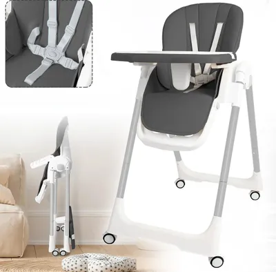 Image de XINZI Baby Pliable Chaise Haute Grise Chaise Haute Pliable Chaise Bébé Réglable en Hauteur Fonction Allongée, Ceinture de Sécurité 5 points avec 4 Roues