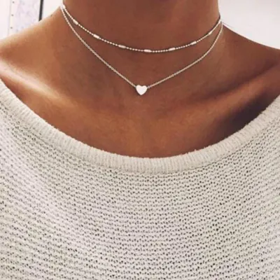 Produktbild von Layer Halskette Damen goldfarben – filigrane Doppelkette mit Herz, J0712