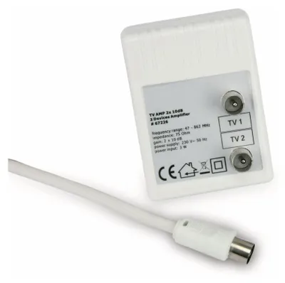 A white TV amplifier with a white cable attached, shown on a white background.